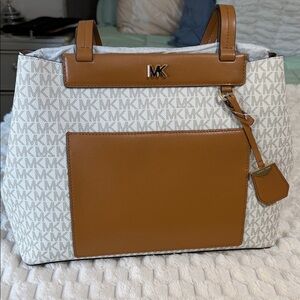 Michael Kors White and Tan MK Logo Tote with Front Pocket